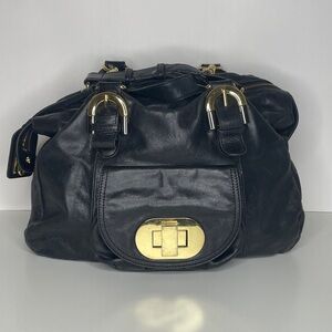 Badgley Mischka Leather Shoulder Handbag Black Leather Goldtone Hardware Chain